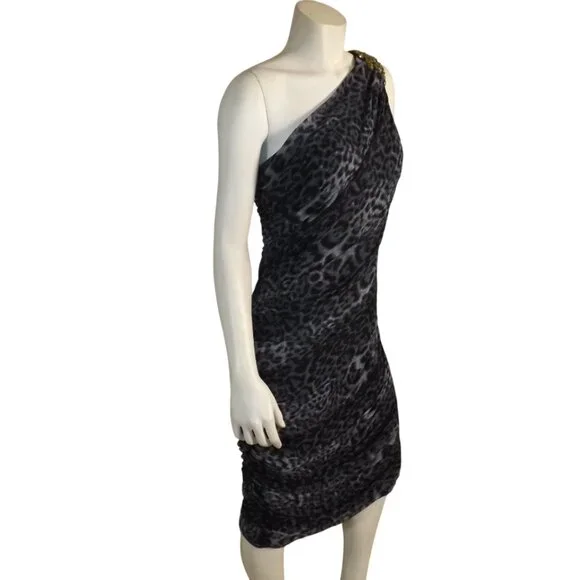 TADASHI SHOJI Evening Dress, XL, Grey Animal Print, Jeweled One Shoulder, Ruched - Picture 5 of 15